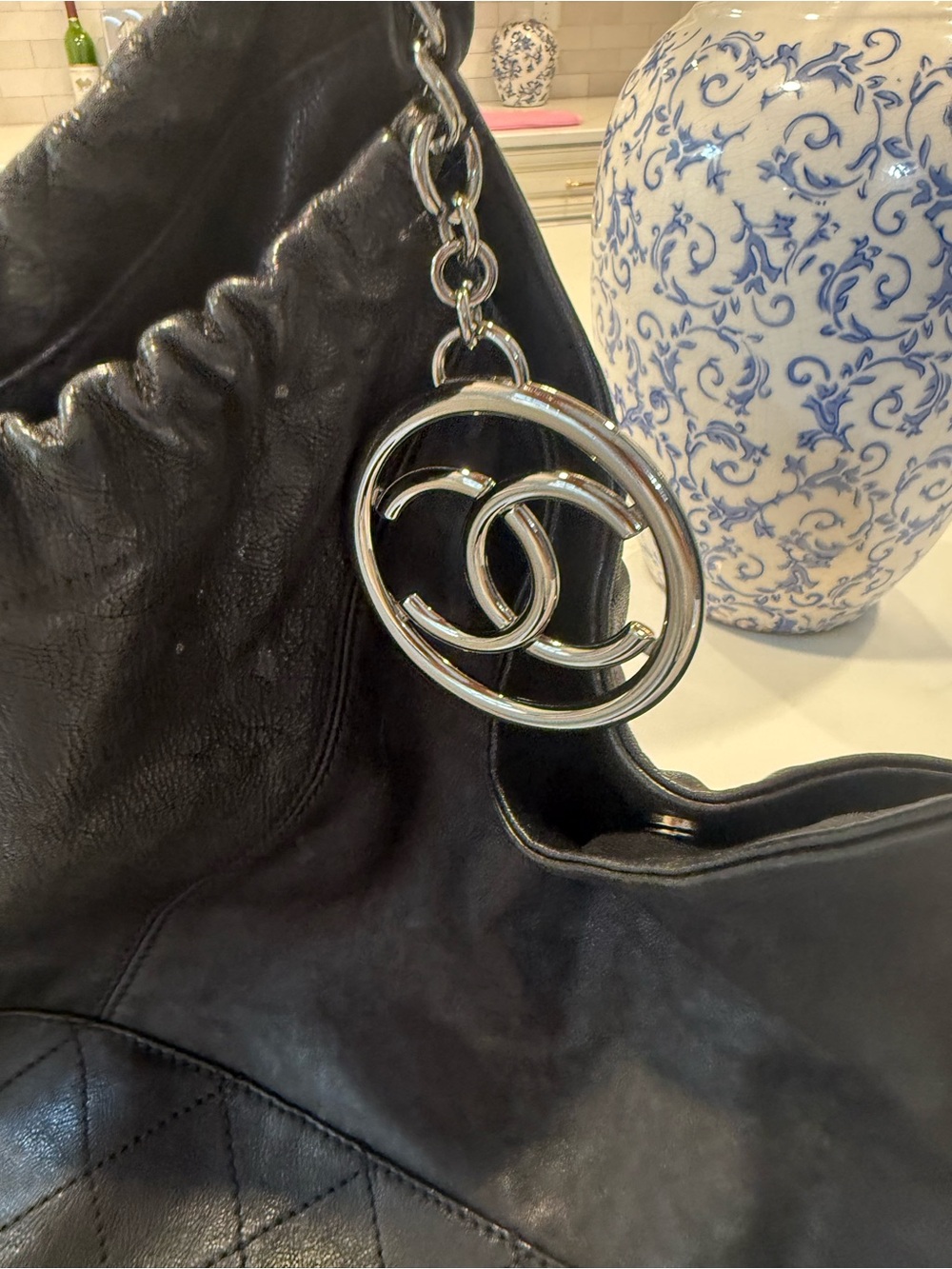 CHANEL Black Cabas Leather Shoulder Tote with Large Silver CC charm - Picture 3 of 6